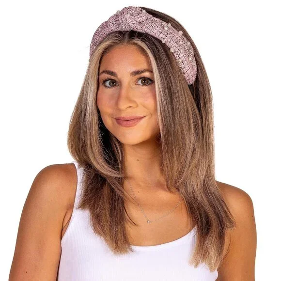 Knotted Headband for WomenComfortable Fashion Headband Pink Tweed with Pearl